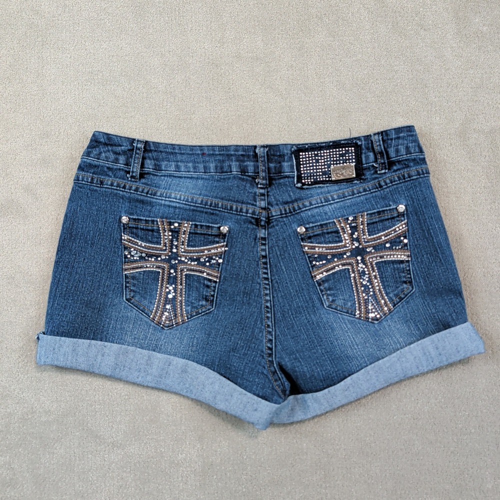 One 5 One Size 10 Denim Shorts Y2K Mcbling Rhinestone Cross Cuffed Blue Jeans
